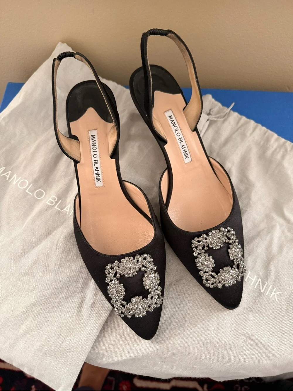 Manolo Blahnik Black Satin Crystal Buckle Slingback Pumps AUTHENTIC